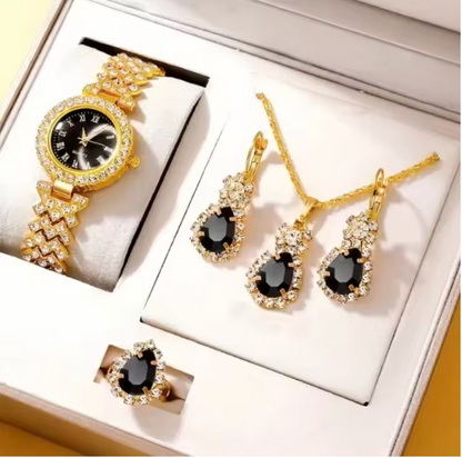 Red Velvet Sparkle Jewelry Set - Golden Luxury Watch Women Ring Necklace Earring Rhinestone Fashion Wristwatch Casual Ladies Bracelet Watches Jewelry Set