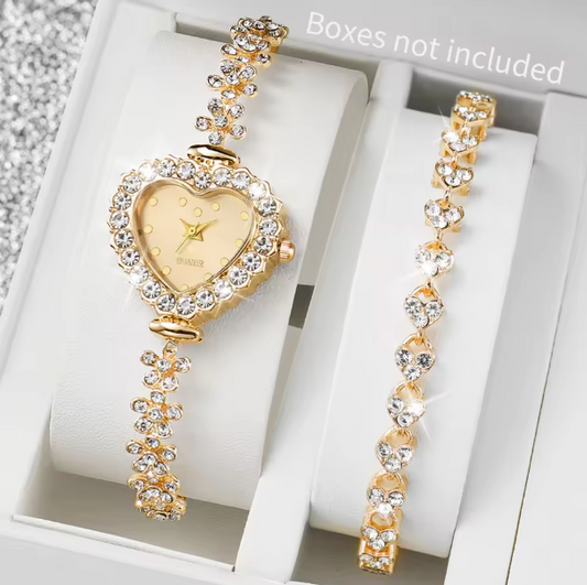 Harmony Spark Set - 2PCS Set Women Watches Luxury Rhinestone Bracelet Ladies Heart Dial Quartz Wristwatches Dress Clock Montre Femme（Without Box ）