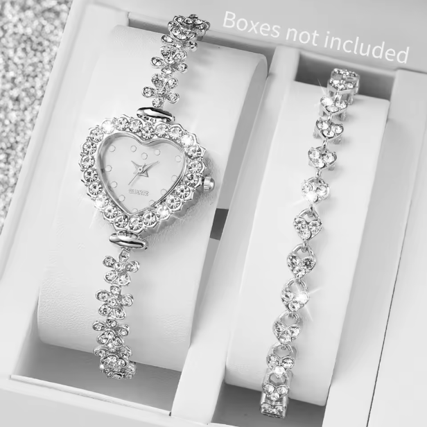 Harmony Spark Set - 2PCS Set Women Watches Luxury Rhinestone Bracelet Ladies Heart Dial Quartz Wristwatches Dress Clock Montre Femme（Without Box ）