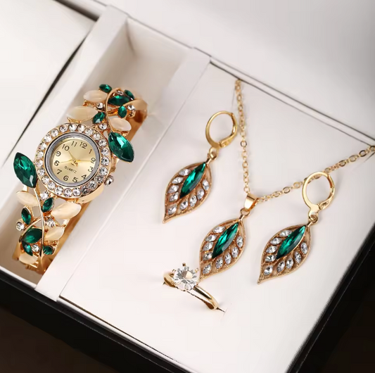 Infinity Glow Set - 2PCS New Fashionable Leaf Diamond Decorative Women's Quartz Watch Exquisite Trend