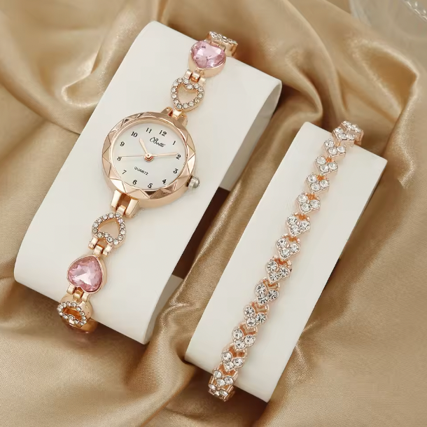 Velour Gems Luxury Watch Set - 2PCS Set Luxury Watch Women Bracelet Rhinestone Fashion Wristwatch Casual Ladies Watches Bracelet Set Clock