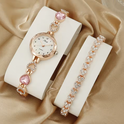 Velour Gems Luxury Watch Set - 2PCS Set Luxury Watch Women Bracelet Rhinestone Fashion Wristwatch Casual Ladies Watches Bracelet Set Clock