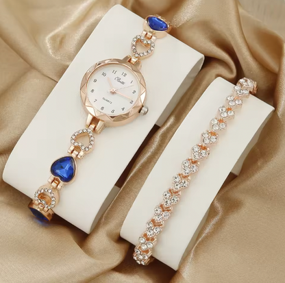 Velour Gems Luxury Watch Set - 2PCS Set Luxury Watch Women Bracelet Rhinestone Fashion Wristwatch Casual Ladies Watches Bracelet Set Clock