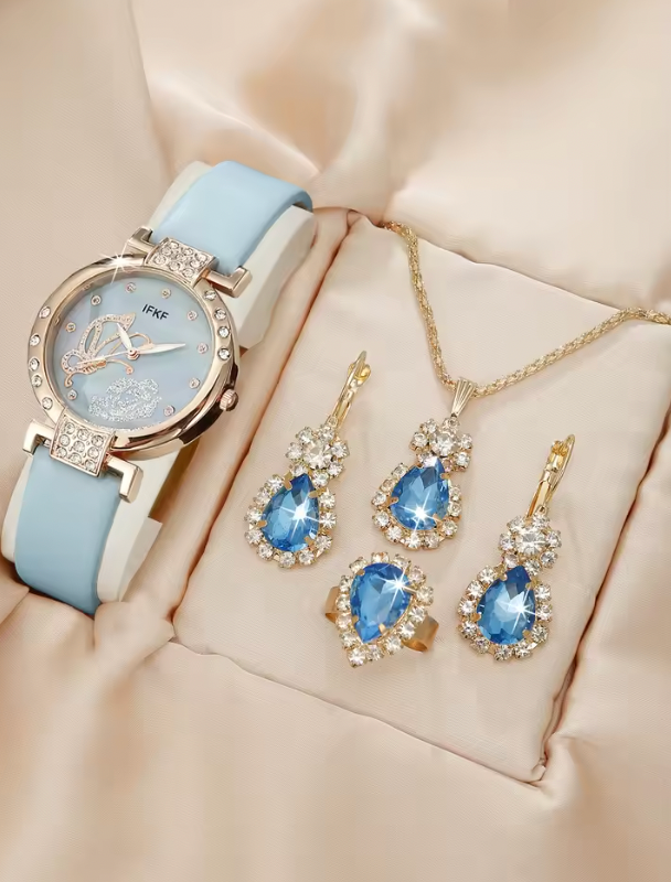 Regalia Belle Luxury Jewelry Set - 5PCS Set Luxury Square Watch Women Ring Necklace Earring Rhinestone Fashion Watch Casual Ladies Bracelet Watches