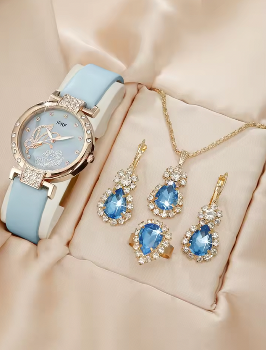 Regalia Belle Luxury Jewelry Set - 5PCS Set Luxury Square Watch Women Ring Necklace Earring Rhinestone Fashion Watch Casual Ladies Bracelet Watches