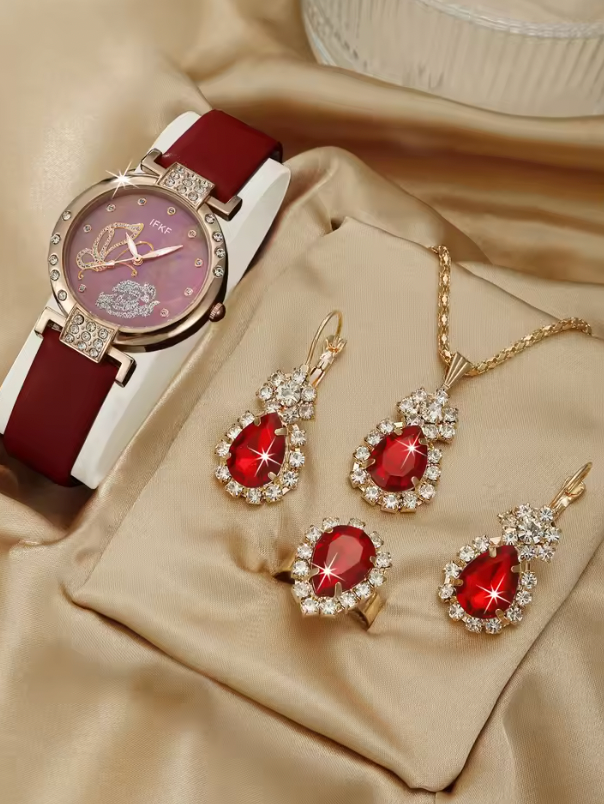 Regalia Belle Luxury Jewelry Set - 5PCS Set Luxury Square Watch Women Ring Necklace Earring Rhinestone Fashion Watch Casual Ladies Bracelet Watches