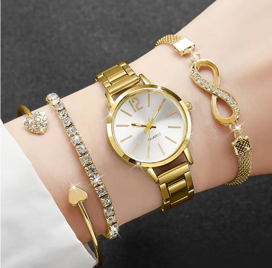 Eterna Femme - 4PCS/Set Fashion Rhinestone Women Watches Luxury Steel Band Ladies Quartz Watch Bracelets Set