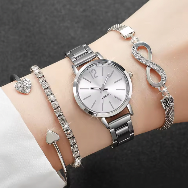 Eterna Femme - 4PCS/Set Fashion Rhinestone Women Watches Luxury Steel Band Ladies Quartz Watch Bracelets Set