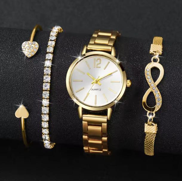 Eterna Femme - 4PCS/Set Fashion Rhinestone Women Watches Luxury Steel Band Ladies Quartz Watch Bracelets Set