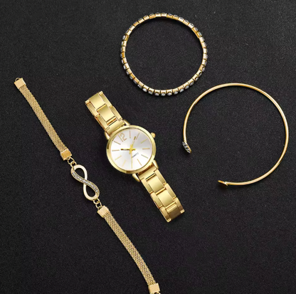 Eterna Femme - 4PCS/Set Fashion Rhinestone Women Watches Luxury Steel Band Ladies Quartz Watch Bracelets Set