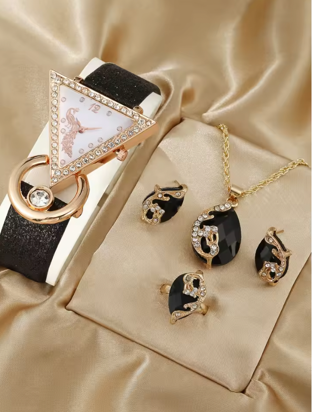 Lumière Royale Luxury Jewelry Set - 5PCS Set Luxury Square Watch Women Ring Necklace Earring Rhinestone Fashion Watch Casual Ladies Bracelet Watches Montre Femme