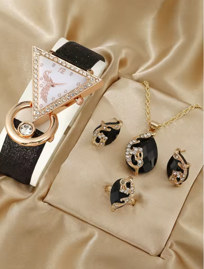 Lumière Royale Luxury Jewelry Set - 5PCS Set Luxury Square Watch Women Ring Necklace Earring Rhinestone Fashion Watch Casual Ladies Bracelet Watches Montre Femme