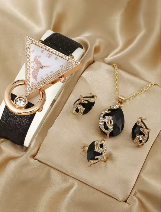 Lumière Royale Luxury Jewelry Set - 5PCS Set Luxury Square Watch Women Ring Necklace Earring Rhinestone Fashion Watch Casual Ladies Bracelet Watches Montre Femme