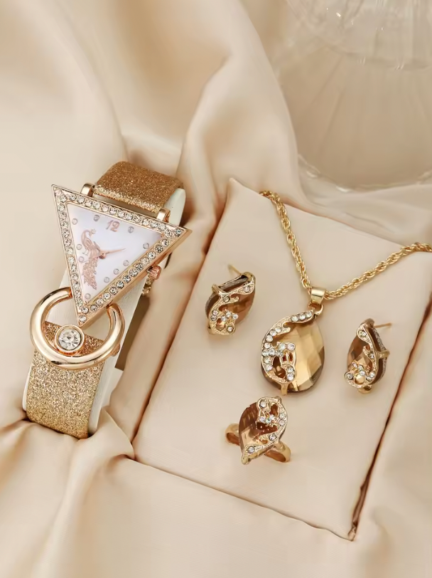Lumière Royale Luxury Jewelry Set - 5PCS Set Luxury Square Watch Women Ring Necklace Earring Rhinestone Fashion Watch Casual Ladies Bracelet Watches Montre Femme