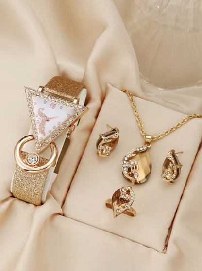 Lumière Royale Luxury Jewelry Set - 5PCS Set Luxury Square Watch Women Ring Necklace Earring Rhinestone Fashion Watch Casual Ladies Bracelet Watches Montre Femme