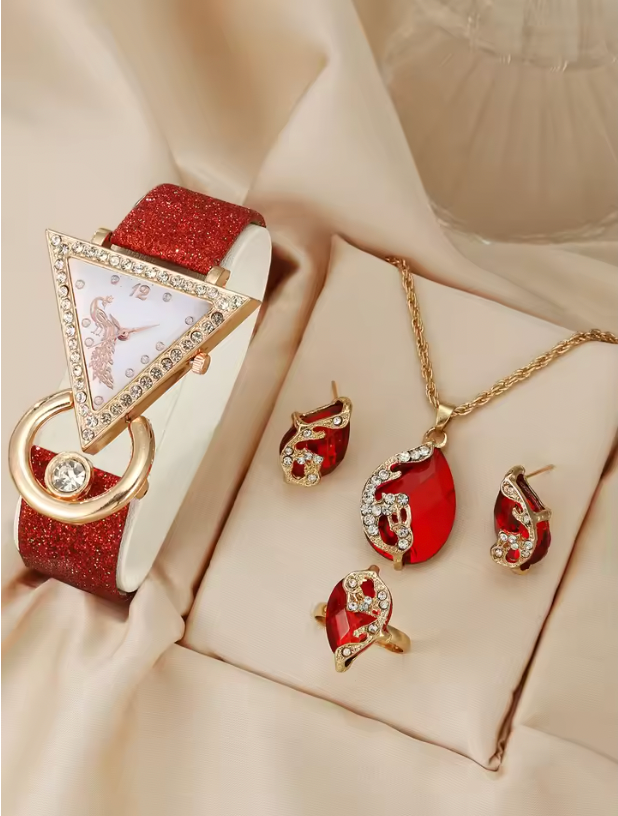 Lumière Royale Luxury Jewelry Set - 5PCS Set Luxury Square Watch Women Ring Necklace Earring Rhinestone Fashion Watch Casual Ladies Bracelet Watches Montre Femme