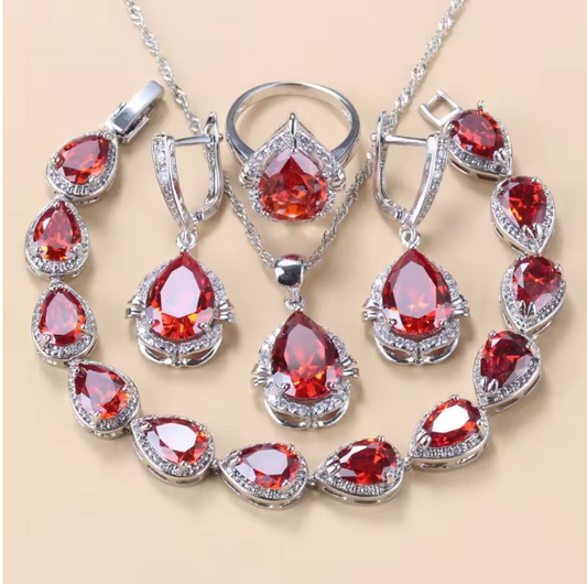 Gilded Grace Jewelry Sets - 925 Silver Water Drop Jewelry Sets With Green Cubic Zirconia Bridal Necklace And Earrings For Women