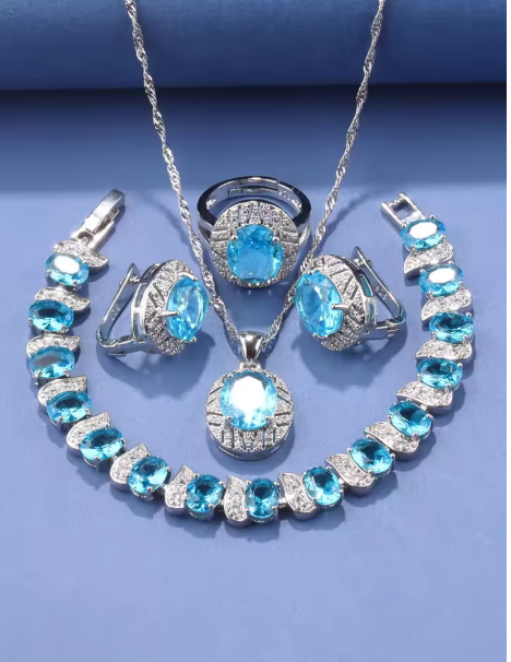 Elysian Gold Jewelry Sets - 925 Silver Original Wedding Decoration Jewelry Sets Blue Sapphire Women's Earrings Necklace Italian Bracelet Charms Ring