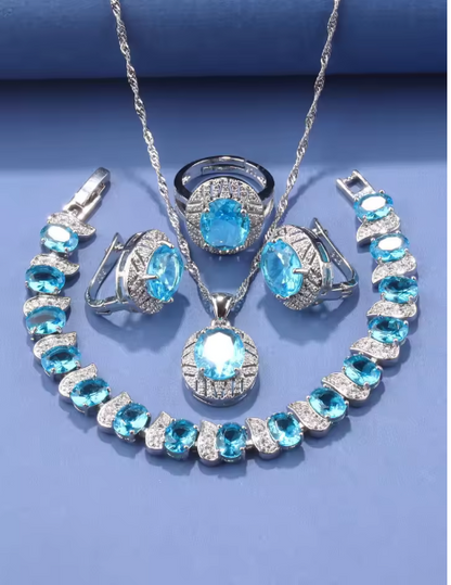 Elysian Gold Jewelry Sets - 925 Silver Original Wedding Decoration Jewelry Sets Blue Sapphire Women's Earrings Necklace Italian Bracelet Charms Ring
