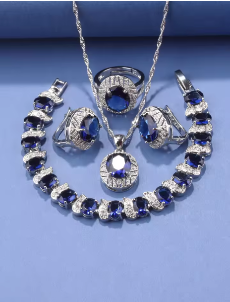 Elysian Gold Jewelry Sets - 925 Silver Original Wedding Decoration Jewelry Sets Blue Sapphire Women's Earrings Necklace Italian Bracelet Charms Ring