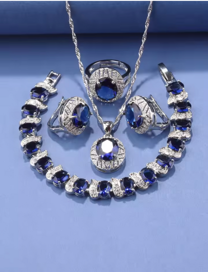 Elysian Gold Jewelry Sets - 925 Silver Original Wedding Decoration Jewelry Sets Blue Sapphire Women's Earrings Necklace Italian Bracelet Charms Ring
