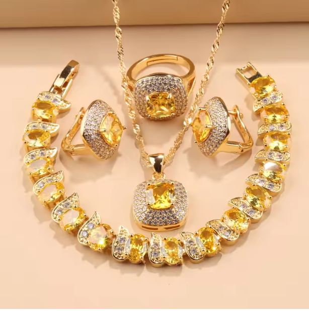 Verona Lux Jewelry Sets - Hawaii Fashion Jewelry Accessory 18K Gold Plated Square Wedding Ring Italy Bracelet Women'S Necklace And Earring Set