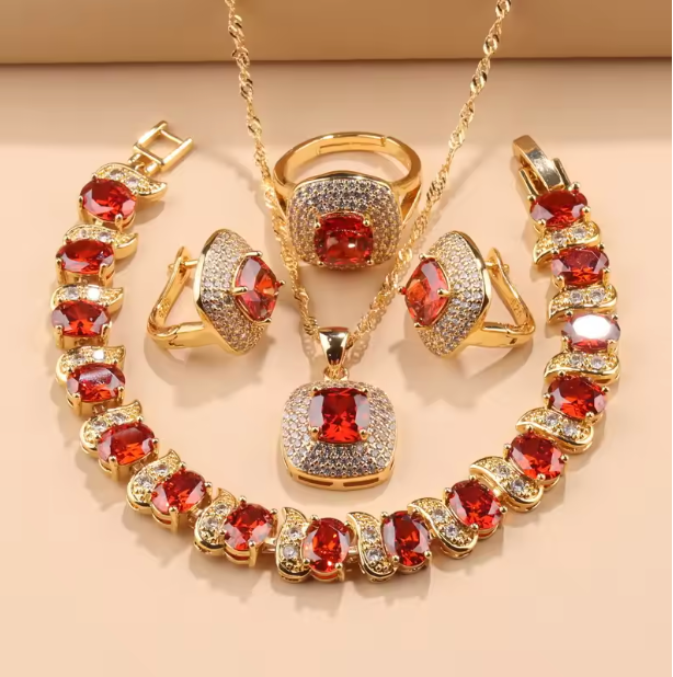 Verona Lux Jewelry Sets - Hawaii Fashion Jewelry Accessory 18K Gold Plated Square Wedding Ring Italy Bracelet Women'S Necklace And Earring Set