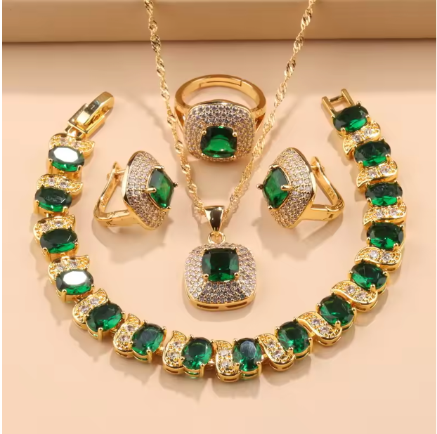 Verona Lux Jewelry Sets - Hawaii Fashion Jewelry Accessory 18K Gold Plated Square Wedding Ring Italy Bracelet Women'S Necklace And Earring Set