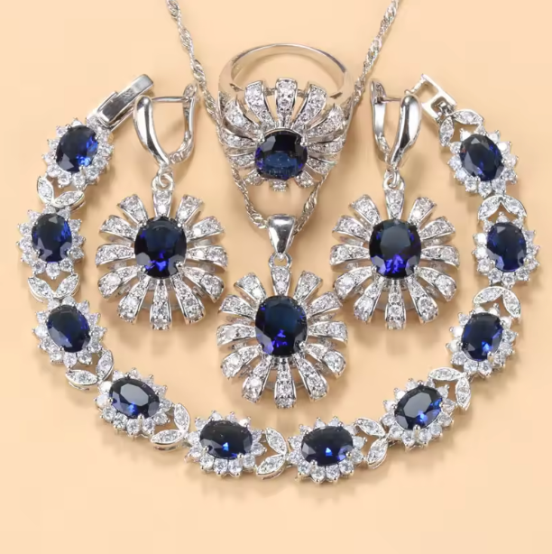 Lumière d'Or Jewelry Sets- 925 Silver Sunflower Big Bracelet. Jewelry Sets AAA+ Red Garnet Dubai Bridal Wedding Elegant Women Necklace Earrings Ring