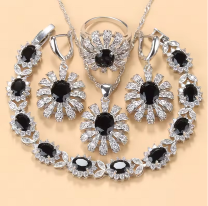 Lumière d'Or Jewelry Sets- 925 Silver Sunflower Big Bracelet. Jewelry Sets AAA+ Red Garnet Dubai Bridal Wedding Elegant Women Necklace Earrings Ring