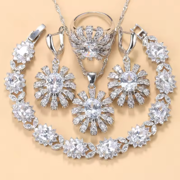 Lumière d'Or Jewelry Sets- 925 Silver Sunflower Big Bracelet. Jewelry Sets AAA+ Red Garnet Dubai Bridal Wedding Elegant Women Necklace Earrings Ring