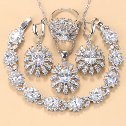 Lumière d'Or Jewelry Sets- 925 Silver Sunflower Big Bracelet. Jewelry Sets AAA+ Red Garnet Dubai Bridal Wedding Elegant Women Necklace Earrings Ring