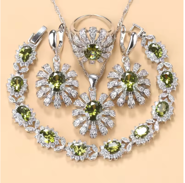 Lumière d'Or Jewelry Sets- 925 Silver Sunflower Big Bracelet. Jewelry Sets AAA+ Red Garnet Dubai Bridal Wedding Elegant Women Necklace Earrings Ring