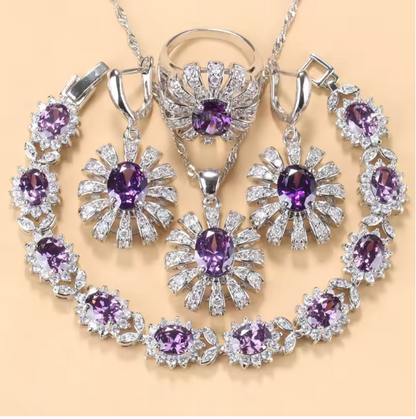 Lumière d'Or Jewelry Sets- 925 Silver Sunflower Big Bracelet. Jewelry Sets AAA+ Red Garnet Dubai Bridal Wedding Elegant Women Necklace Earrings Ring