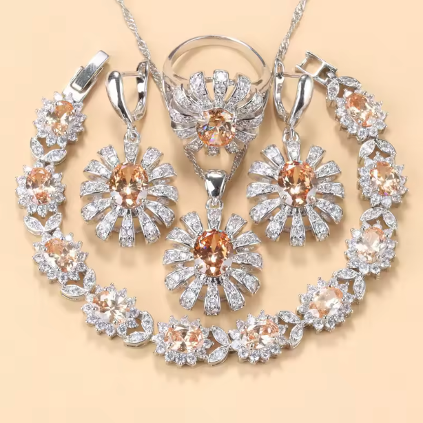 Lumière d'Or Jewelry Sets- 925 Silver Sunflower Big Bracelet. Jewelry Sets AAA+ Red Garnet Dubai Bridal Wedding Elegant Women Necklace Earrings Ring