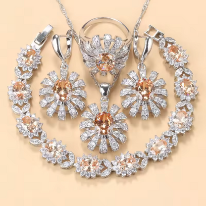 Lumière d'Or Jewelry Sets- 925 Silver Sunflower Big Bracelet. Jewelry Sets AAA+ Red Garnet Dubai Bridal Wedding Elegant Women Necklace Earrings Ring
