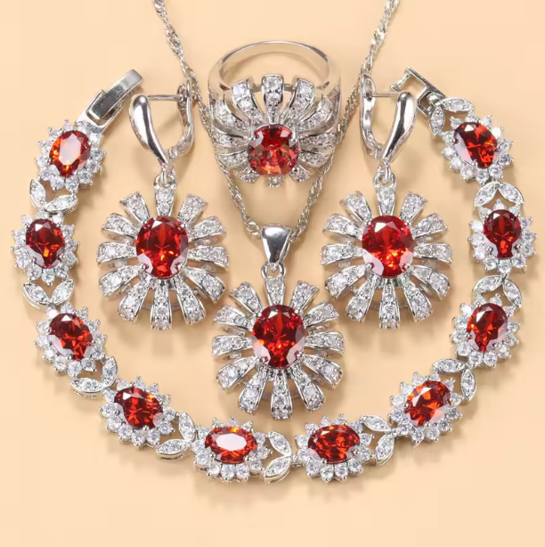 Lumière d'Or Jewelry Sets- 925 Silver Sunflower Big Bracelet. Jewelry Sets AAA+ Red Garnet Dubai Bridal Wedding Elegant Women Necklace Earrings Ring