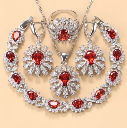 Lumière d'Or Jewelry Sets- 925 Silver Sunflower Big Bracelet. Jewelry Sets AAA+ Red Garnet Dubai Bridal Wedding Elegant Women Necklace Earrings Ring