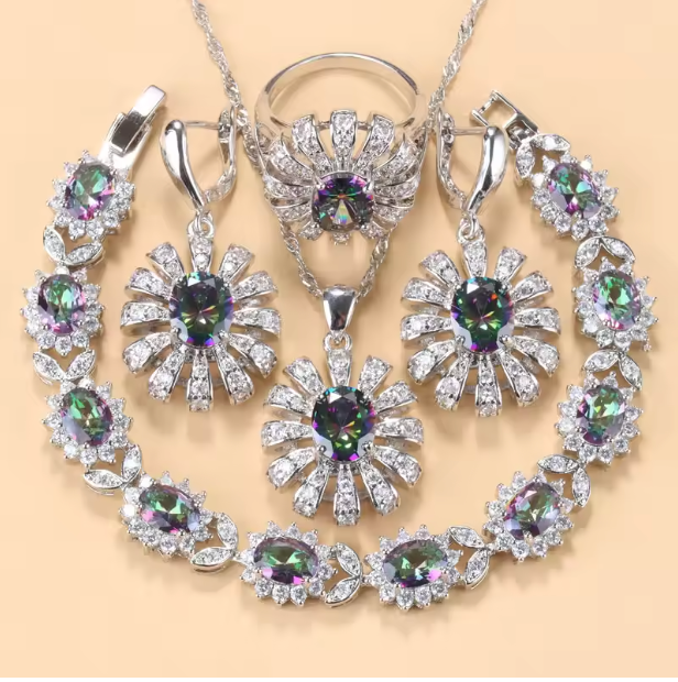 Lumière d'Or Jewelry Sets- 925 Silver Sunflower Big Bracelet. Jewelry Sets AAA+ Red Garnet Dubai Bridal Wedding Elegant Women Necklace Earrings Ring