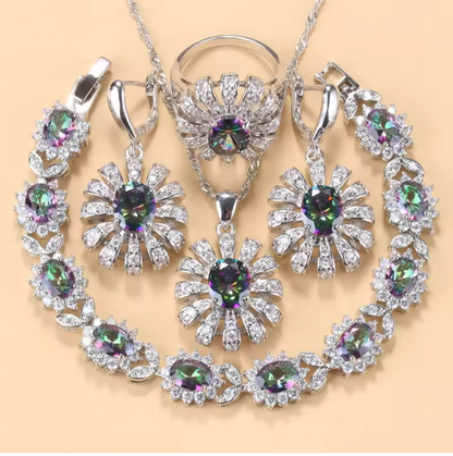 Lumière d'Or Jewelry Sets- 925 Silver Sunflower Big Bracelet. Jewelry Sets AAA+ Red Garnet Dubai Bridal Wedding Elegant Women Necklace Earrings Ring