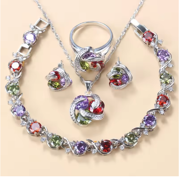 Radiance Royale Jewelry Sets - 925 Sterling Silver Wedding Accessories Women's Earring And Ring Jewelry Sets Top Quality Colorful Cubic Zircon Bridal Jewelry