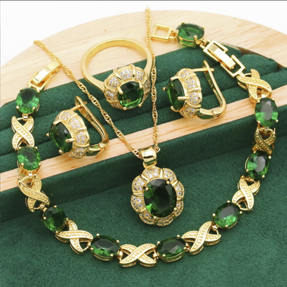 Bastet's Grace - Luxury Peridot Ruby Pendant Earring Bracelet & Ring Set For Women