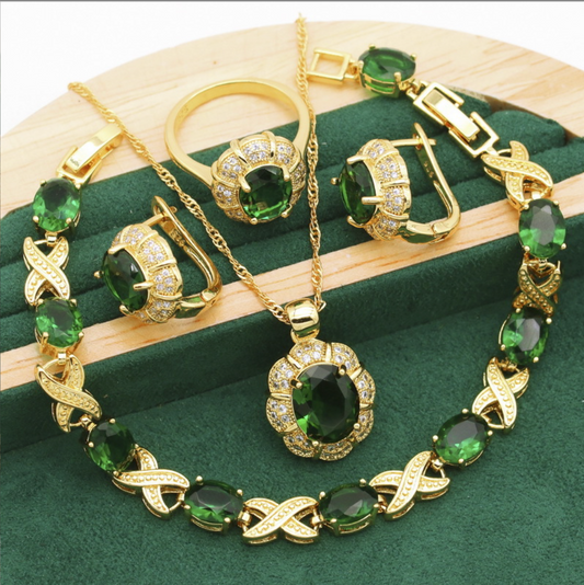 Bastet's Grace - Luxury Peridot Ruby Pendant Earring Bracelet & Ring Set For Women