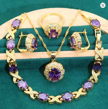 Bastet's Grace - Luxury Peridot Ruby Pendant Earring Bracelet & Ring Set For Women