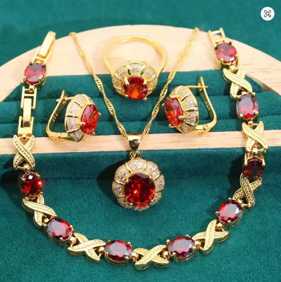 Bastet's Grace - Luxury Peridot Ruby Pendant Earring Bracelet & Ring Set For Women
