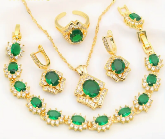 Bastet’s Halo - Luxury Peridot Ruby Pendant Earring Bracelet & Ring Set For Women