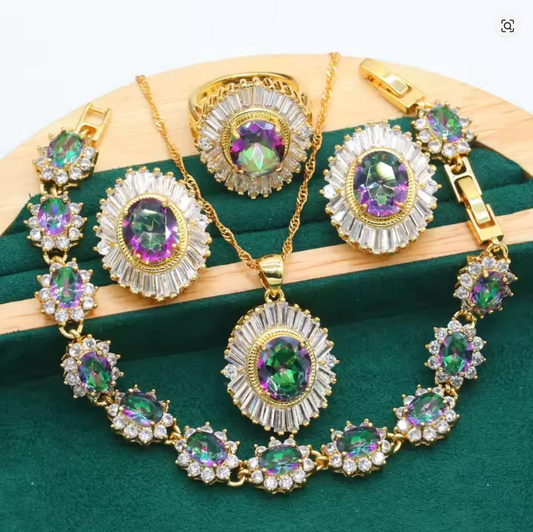 Lavender Flame of Sekhmet - Luxury Peridot Ruby Pendant Earring Bracelet & Ring Set For Women
