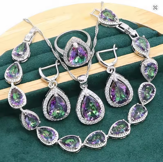 Feather of Light - Luxury Peridot Ruby Pendant Earring Bracelet & Ring Set For Women