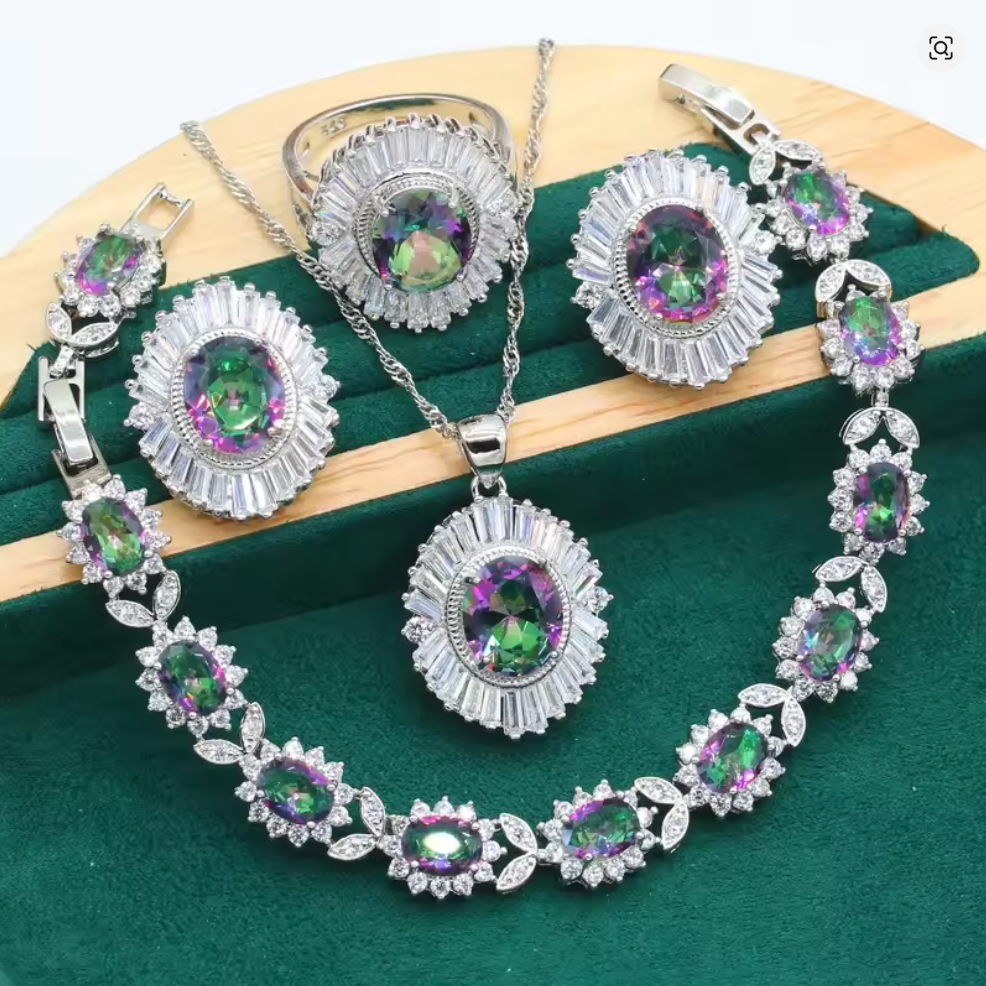 Lavender Flame of Sekhmet - Luxury Peridot Ruby Pendant Earring Bracelet & Ring Set For Women