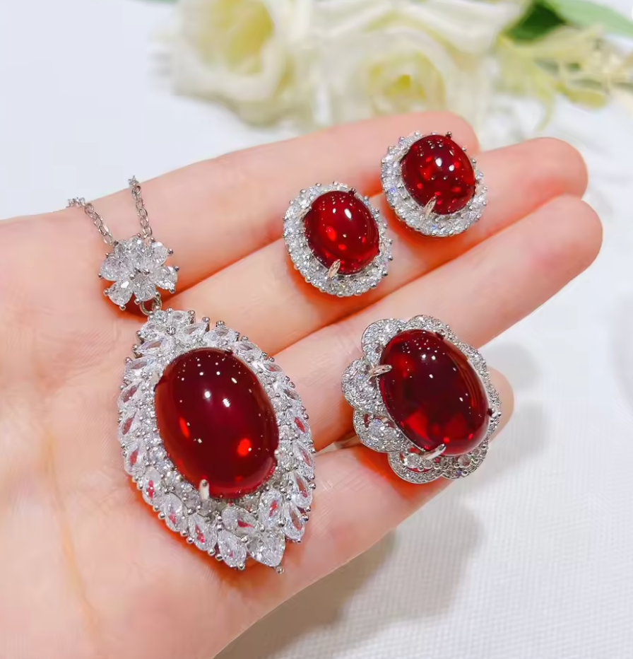 Crimson Empress - July birthstone - Luxury Peridot Ruby Pendant Earring Bracelet & Ring Set For Women